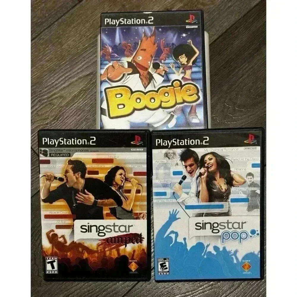 Sony PLAYSTATION 2 PS2 Lot of 3 GAMES 2 Singstar (POP + Amped) and 1 Boogie